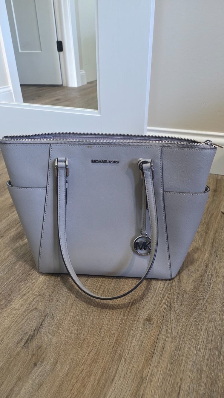 Michael Kors Medium Gray Zip Top Tote Bag MK Logo Charm Silver Hardware Pockets